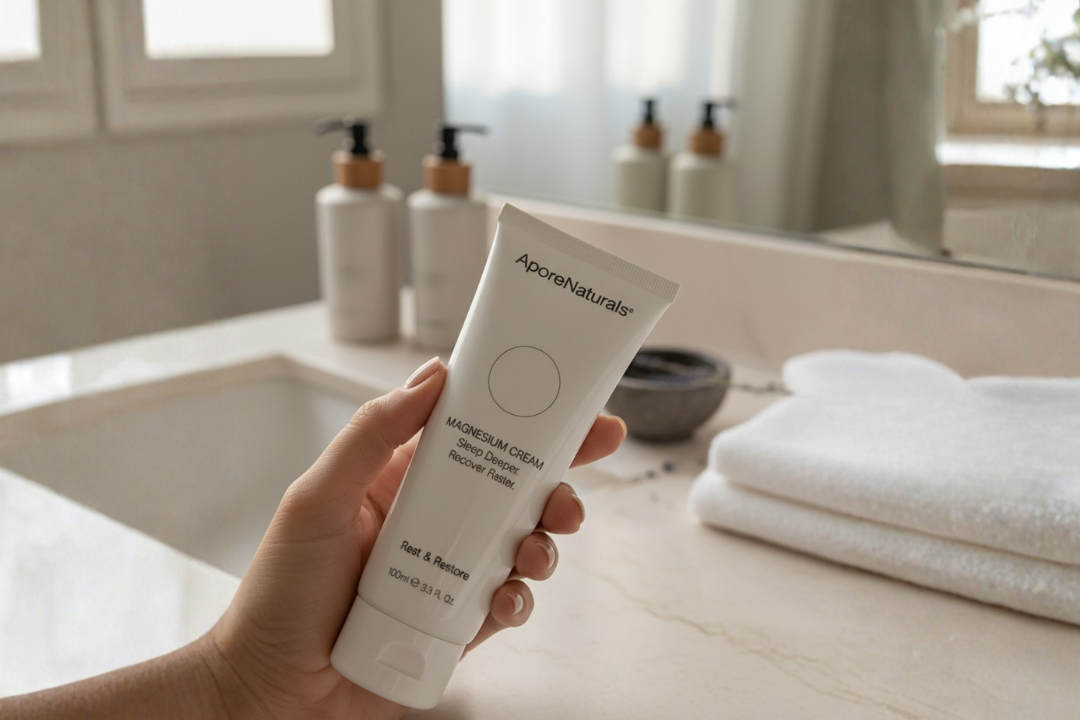 hand holding AporeNaturals magnesium cream