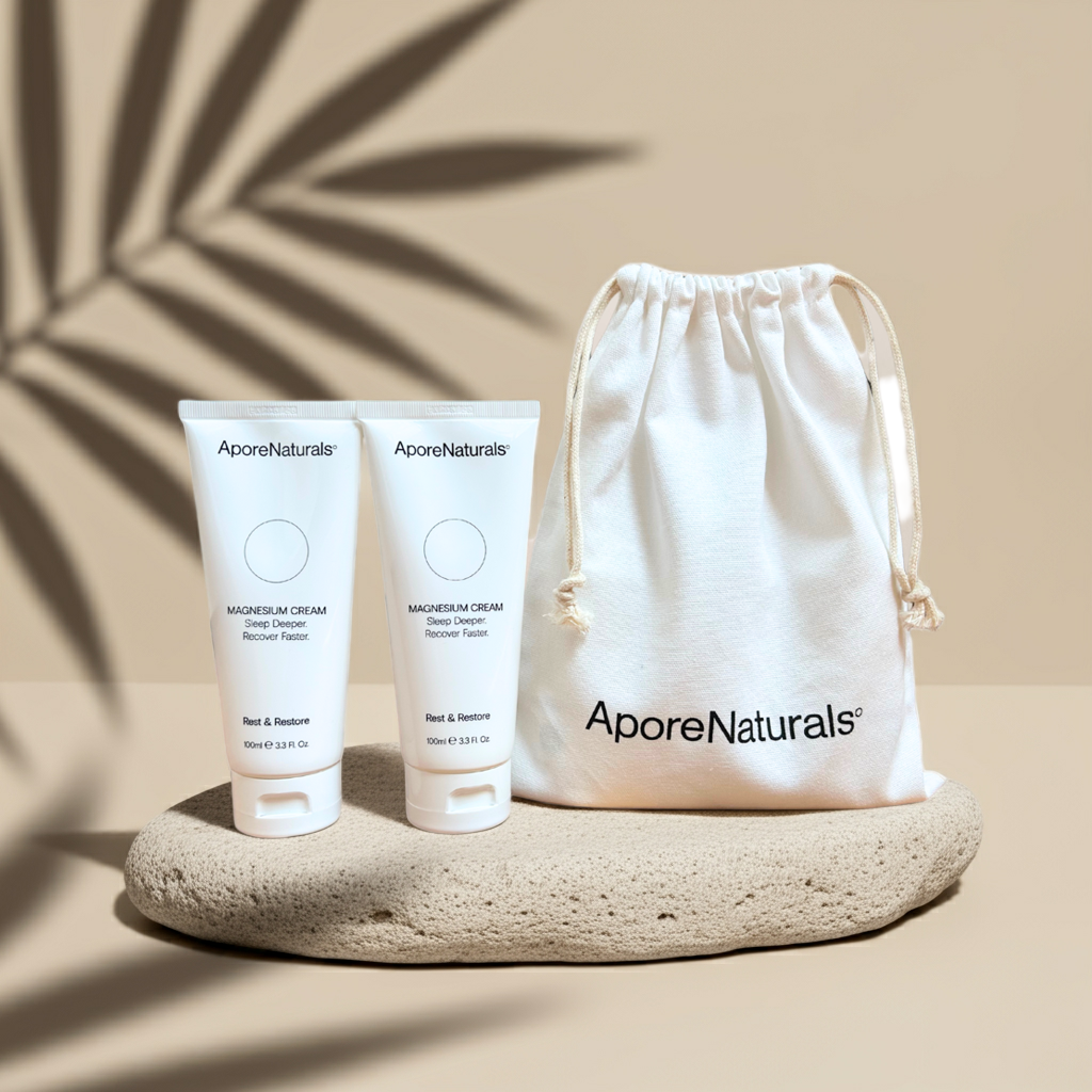 Two tubes of AporeNaturals magnesium cream and a drawstring bag