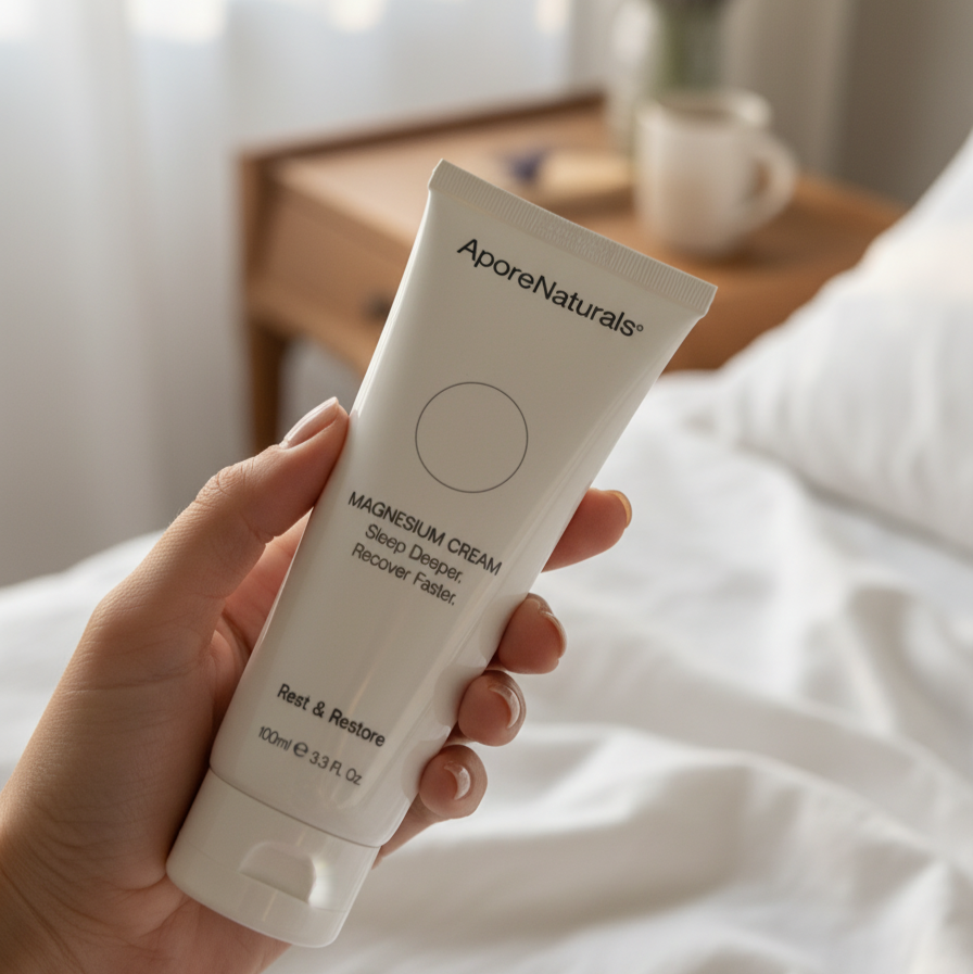 hand holding Magnesium Cream by AporeNaturals