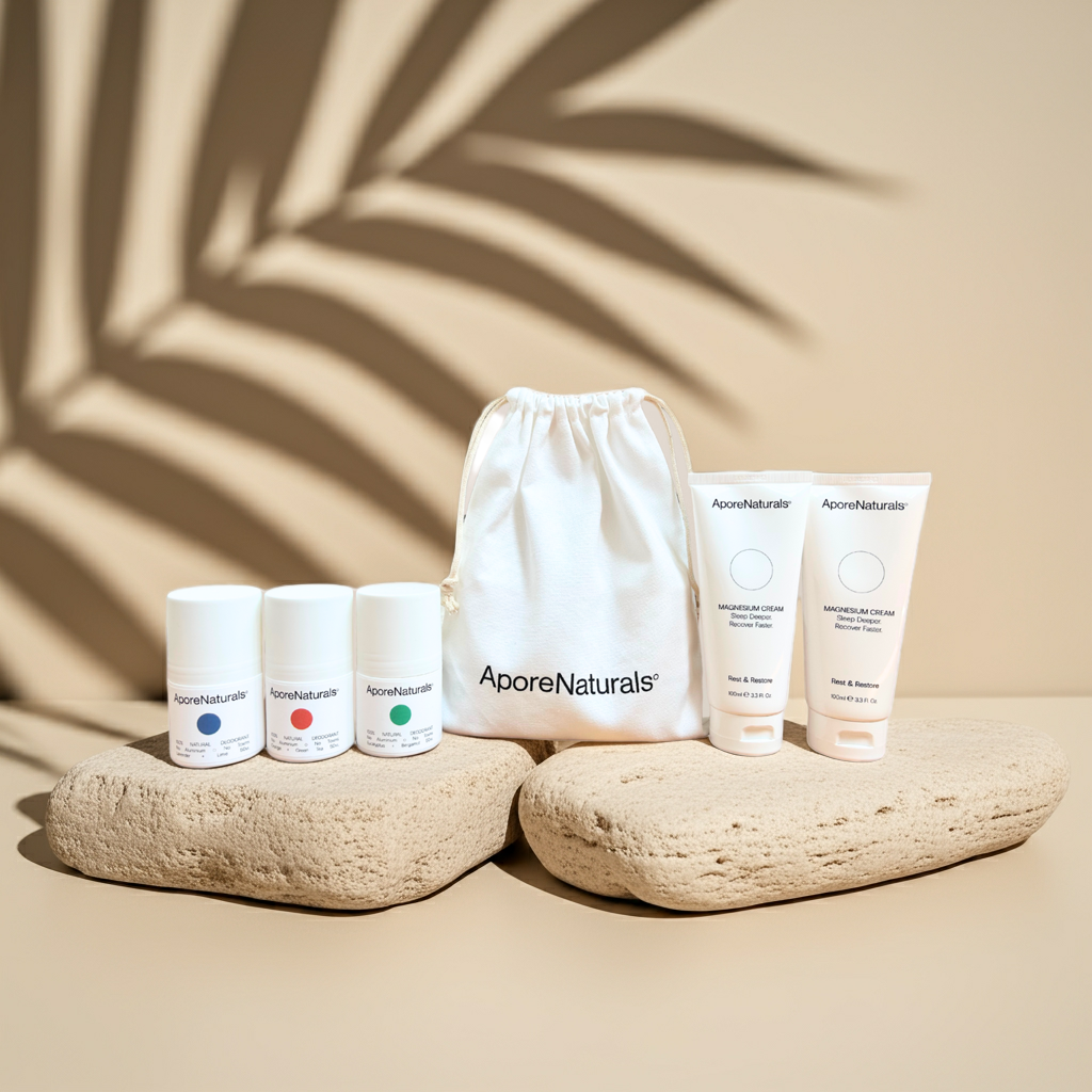 3 AporeNaturals aluminium-free deodorants and 2 magnesiums cream with cotton bag